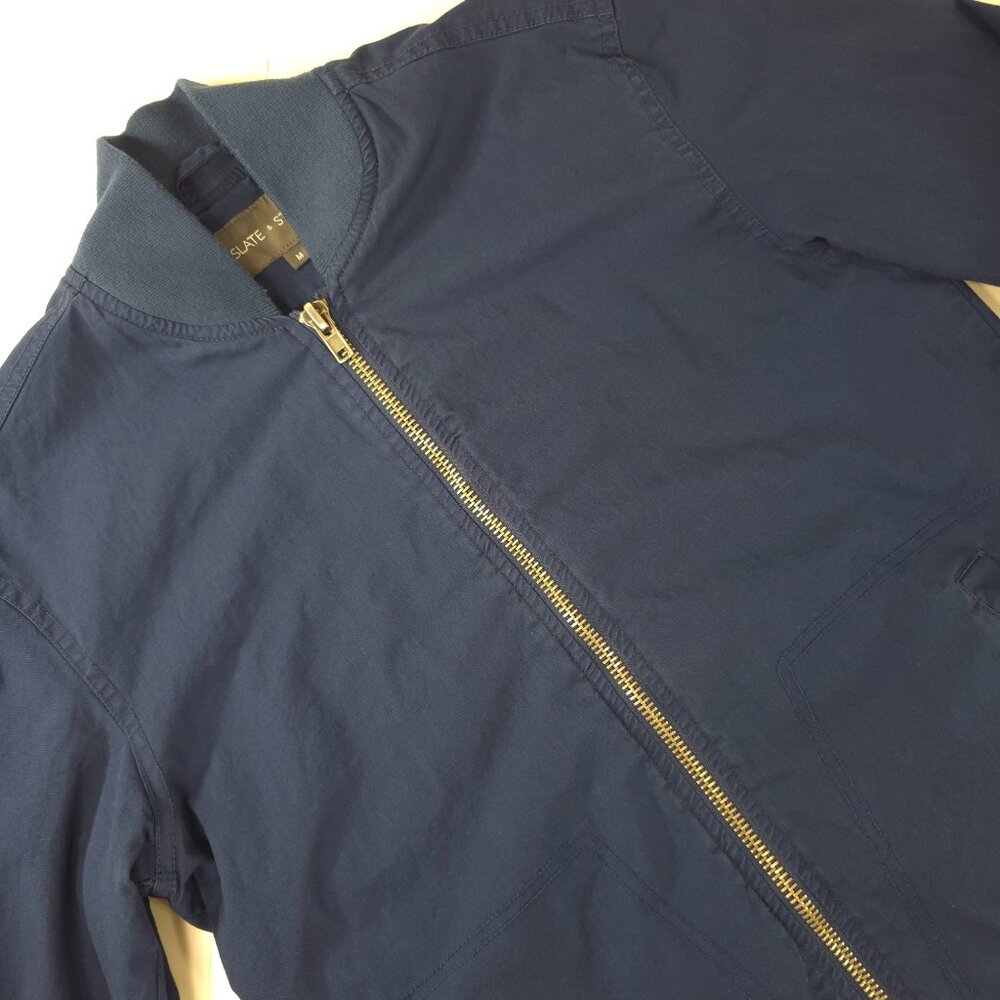SLATE & STONE Mens MEDIUM Bomber Jacket Blue Cotton Stretch Long Sleeve Full Zip - Picture 4 of 16